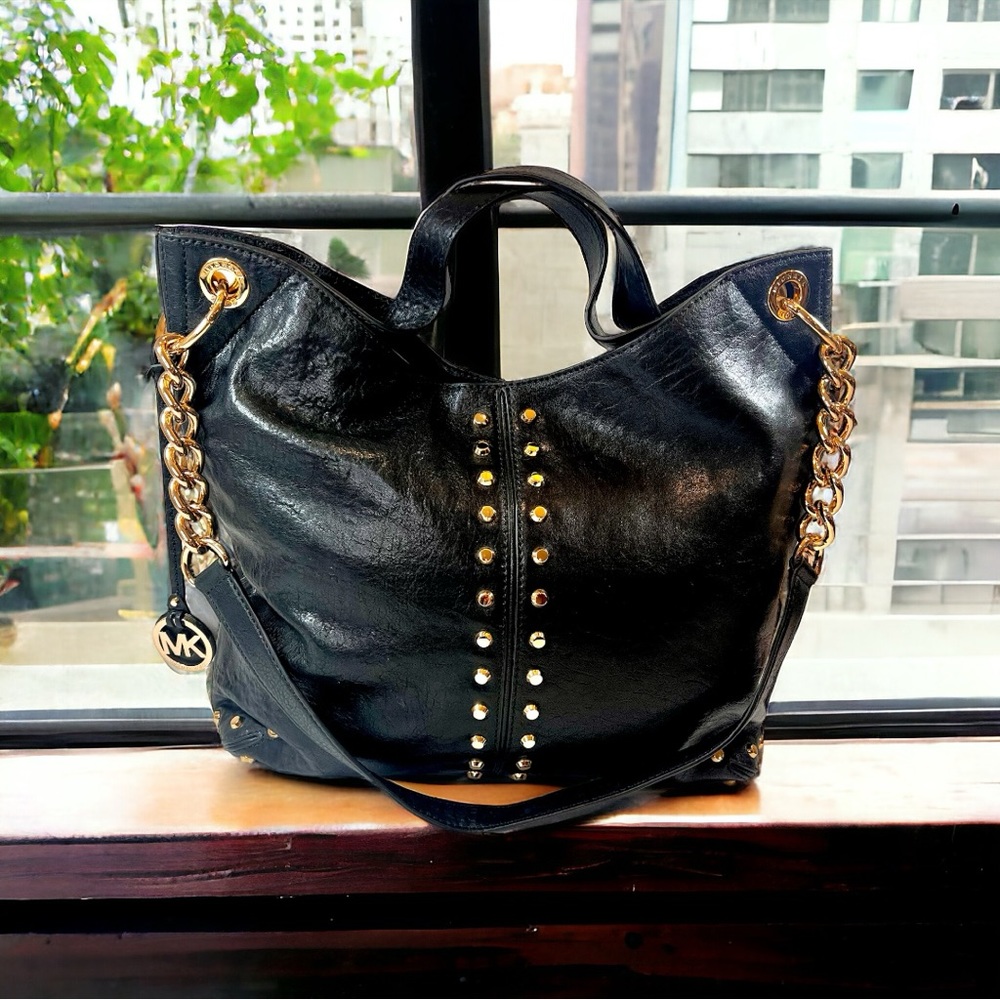 Michael Kors Vintage Black Leather With Gold Studs and Chain Crossbody EVC